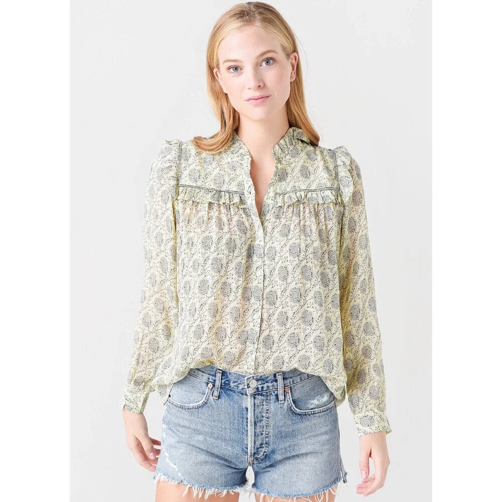 Ba&sh Bora Shirt Light Yellow Pattern Size Medium Long Sleeve Ruffle Trim